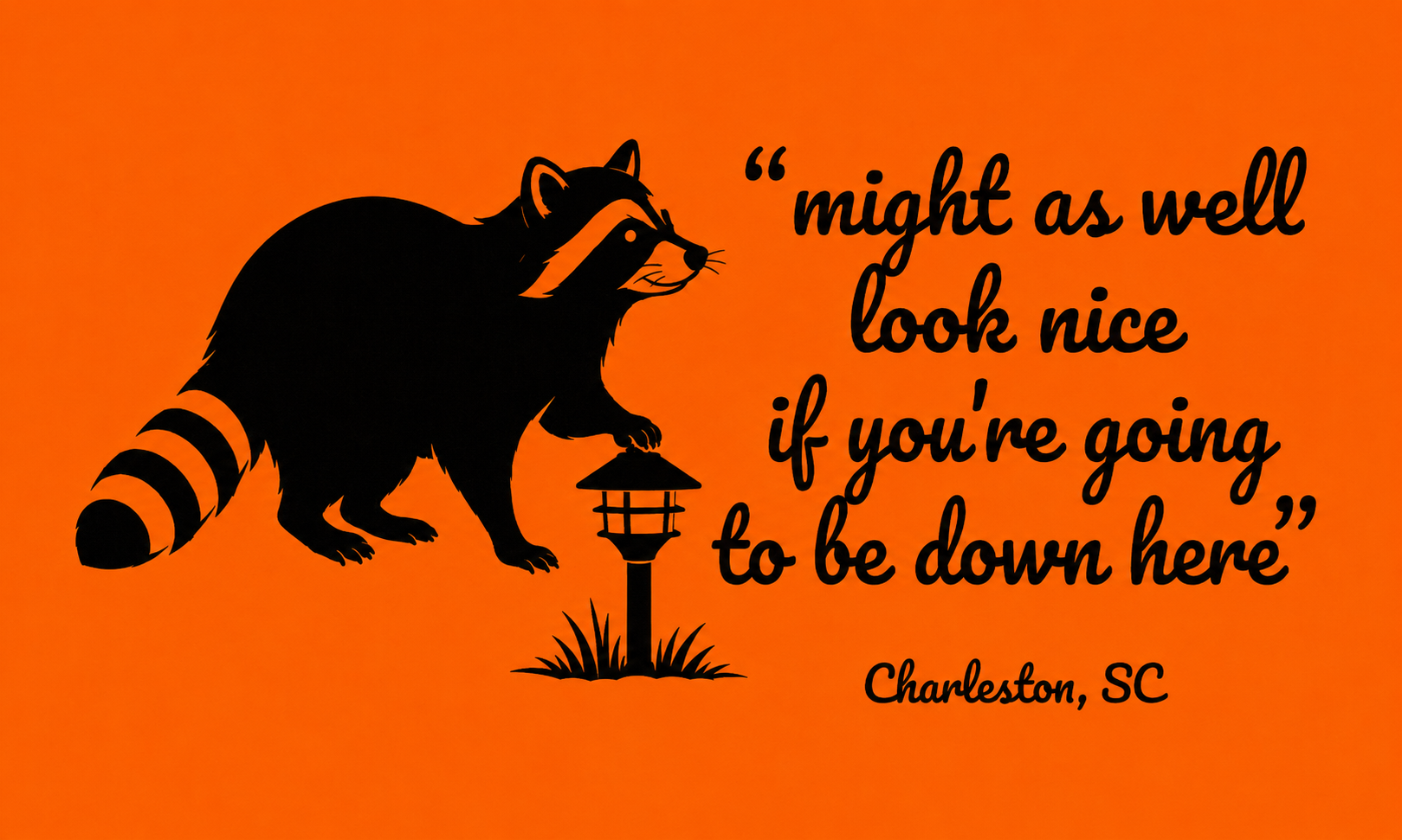 Ace Basin Landscape Lighting raccoon brand card with Charleston SC tagline and path light illustration