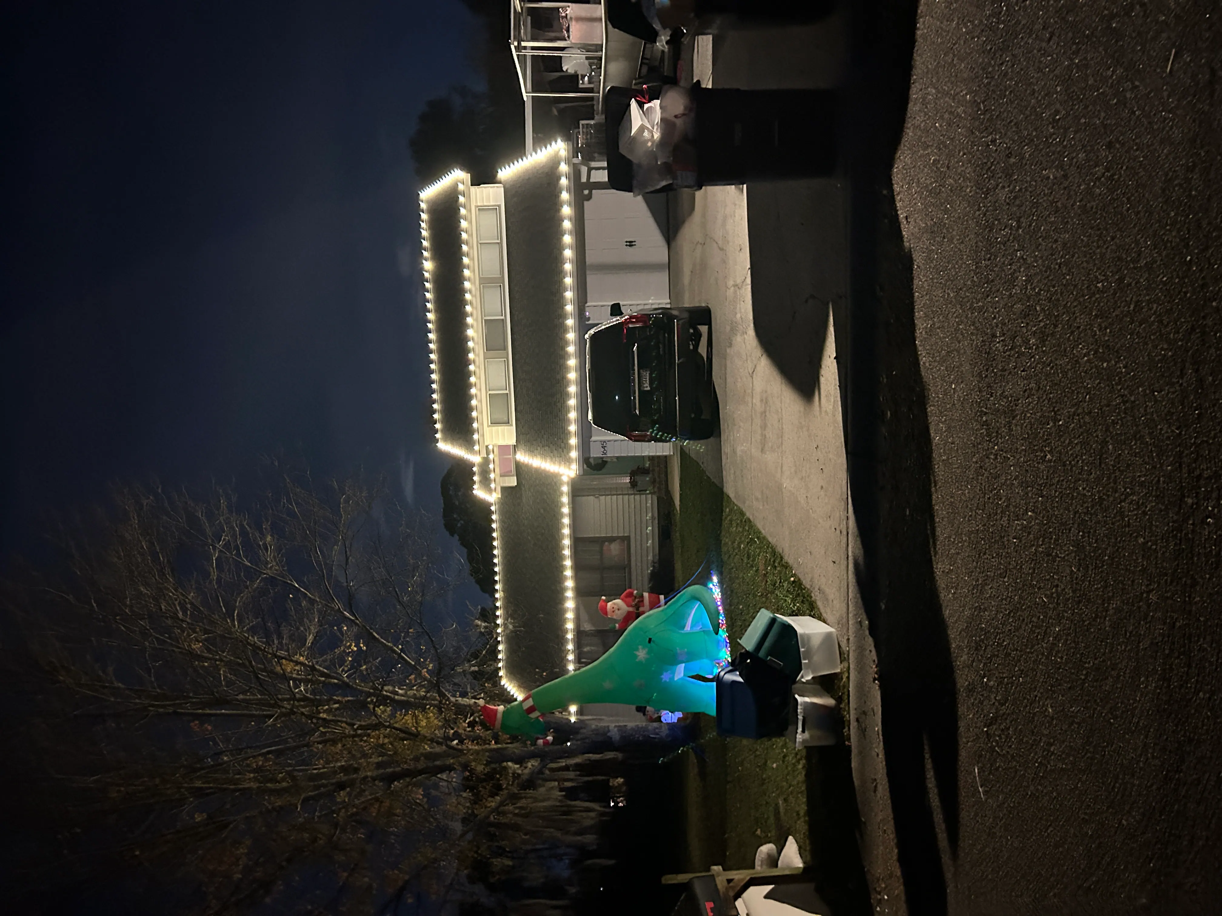 Charleston home with warm Christmas lights installed along the roofline and landscaping at night