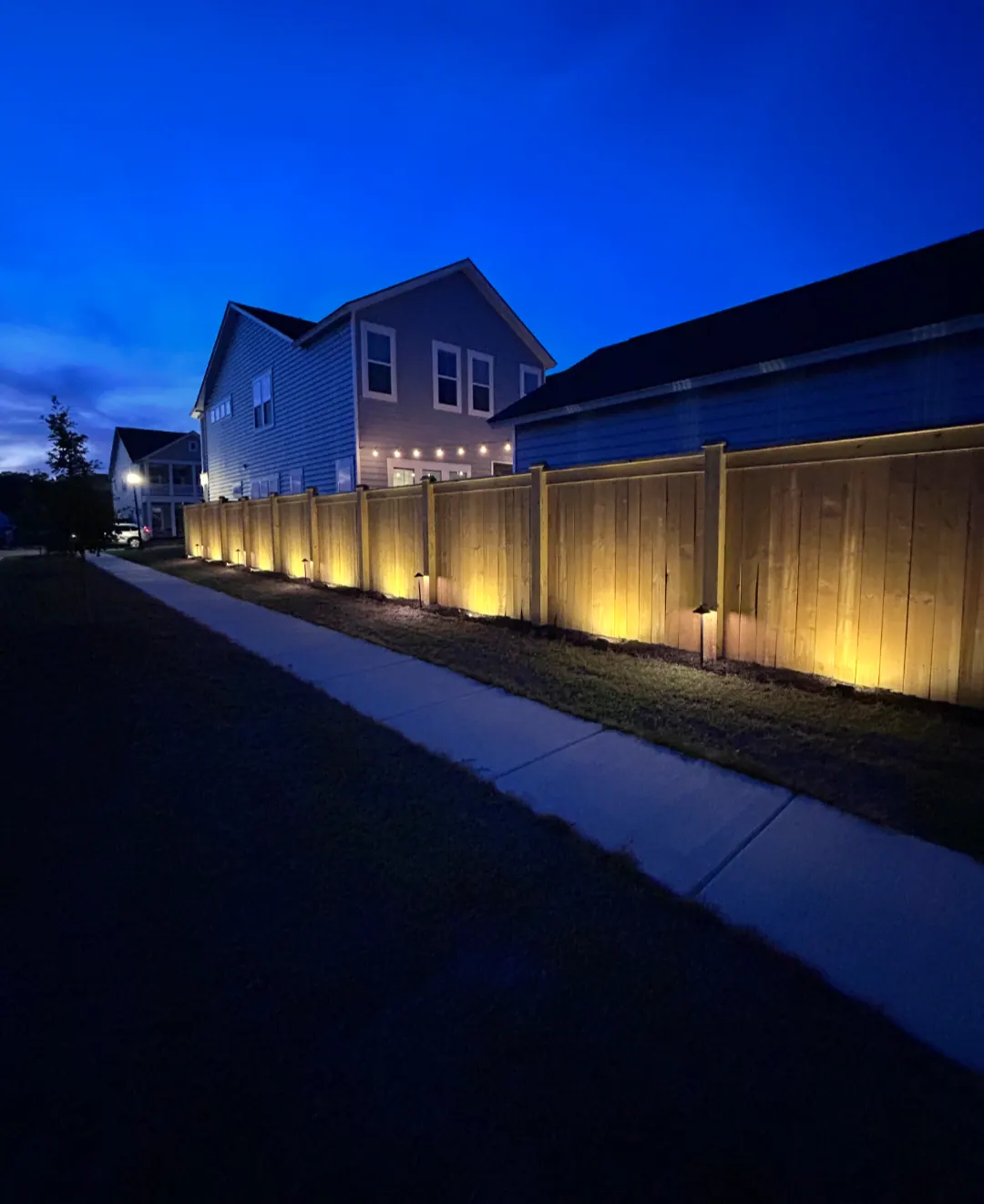 Illuminated backyard fence with warm path lights and uplighting along the landscaping at night