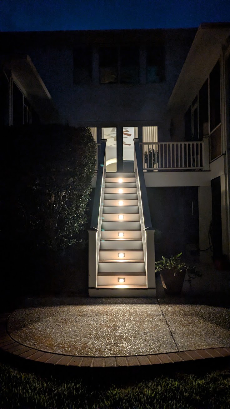 Warm low voltage stair lighting on outdoor steps at a Hamlin Plantation Mount Pleasant home