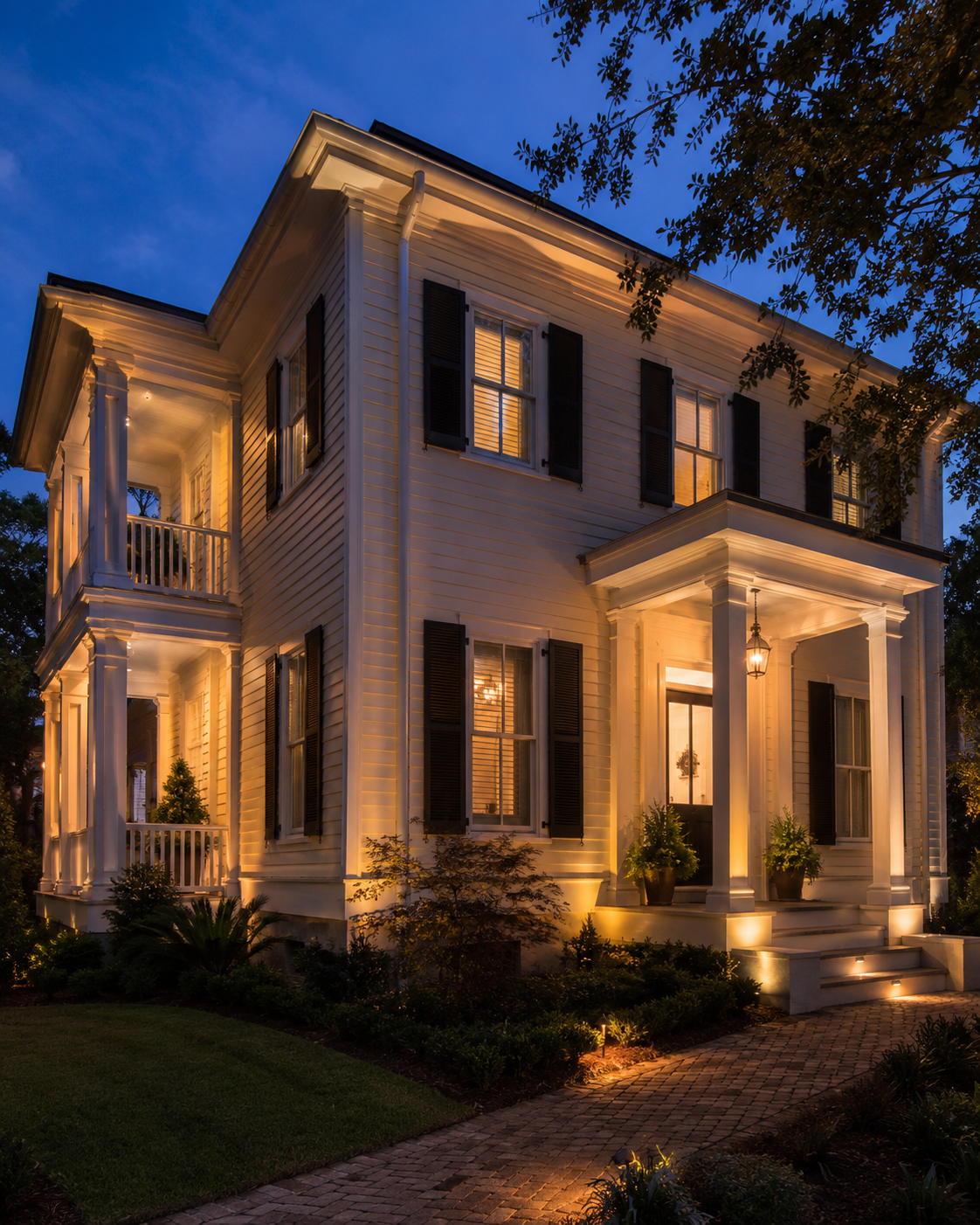 Historic Charleston style home with warm architectural lighting, path lights, and step lighting at dusk