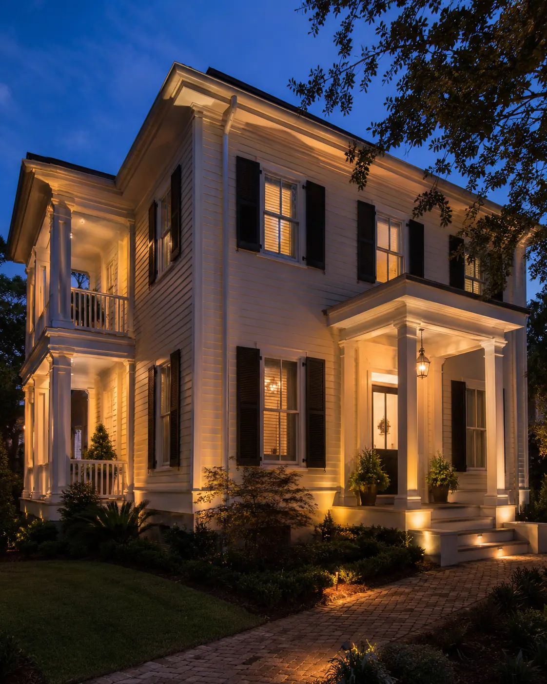 Historic Charleston style home with warm architectural lighting, path lights, and step lighting at dusk