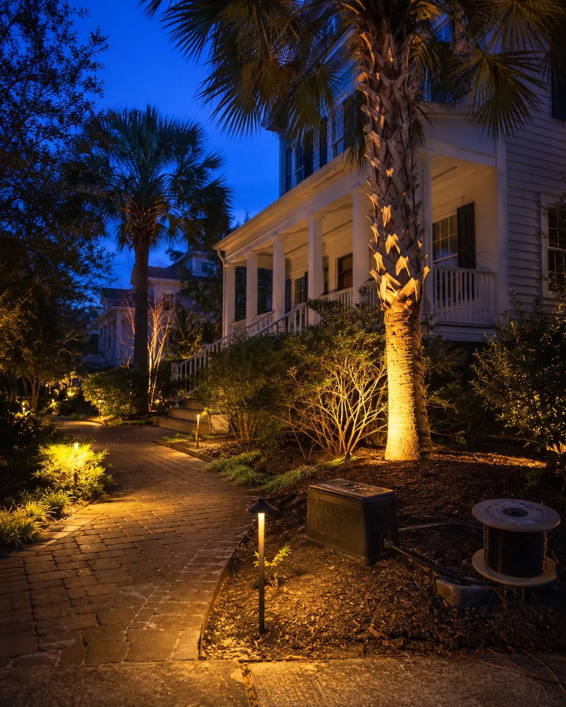 Pathway lighting and palm tree uplighting outside a Charleston style home at blue hour